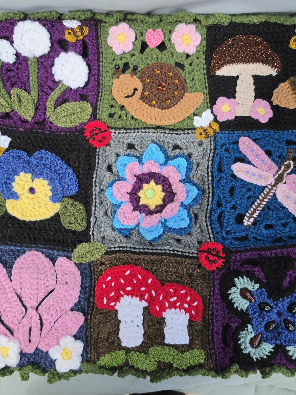 Crocheted 18" patchwork throw pillow cover - whimsical nature cottagecore beaded